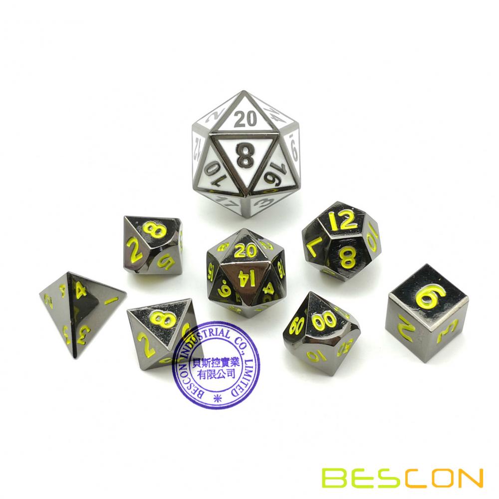 Bescon 10MM Mini Solid Metal Dice Set Glossy Black with Yellow Numbers, Mini Metallic Polyhedral D&D RPG Miniature Dice 7-sets