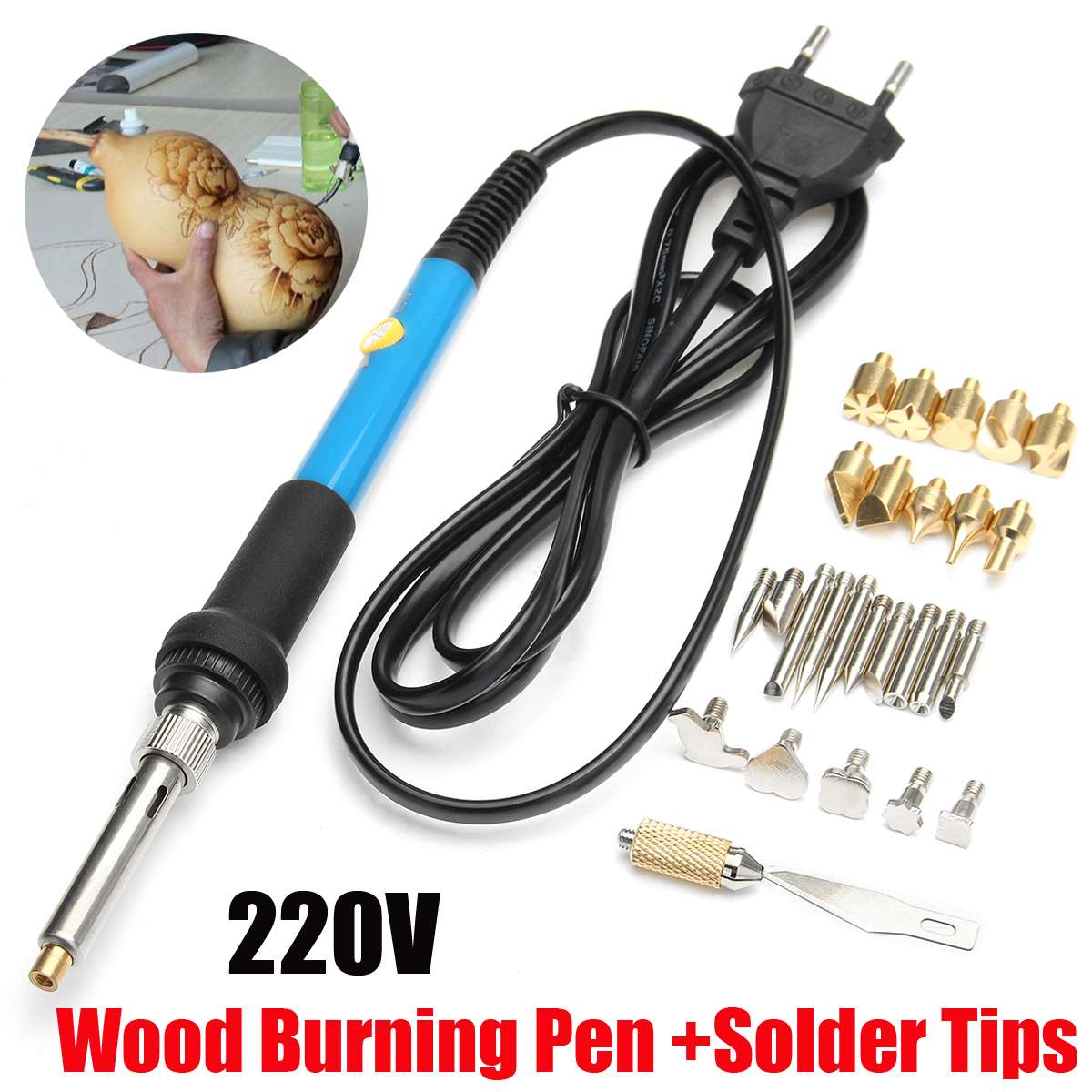 60W 220V 28Pcs Electric Soldering Iron Temp Adjust Wood Embossing Burning Carving Pyrography Engrave Cautery Tool Kit Solder Tip