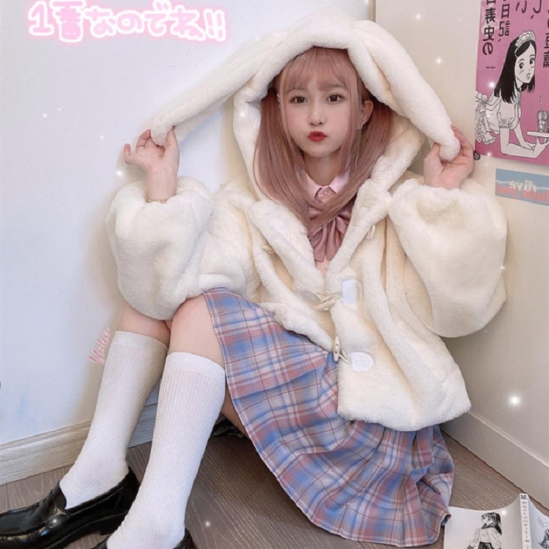 Autumn Winter Japanese Cute Lolita Coats Girls Kawaii Rabbit Ears Hooded Loose Plush Jackets Women Sweet Warm Jk Outwear Tops