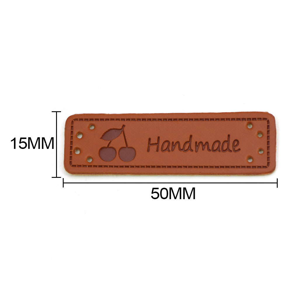 50Pcs Handmade Tags Cherry Labels For Clothes Hand Made PU Leather Sewing Materials Brown Handmade Tags DIY Crafts For Bag/Shoes