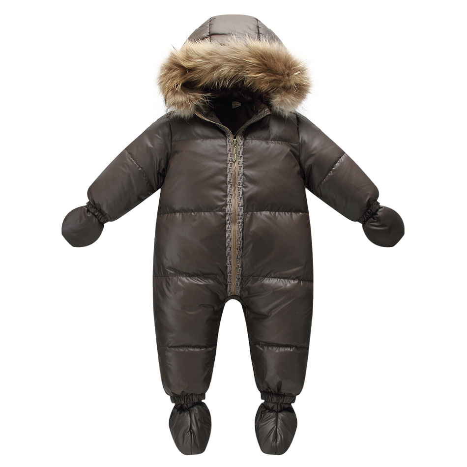 Top quality winter brand jacket fashion brown 9M -36M infant coat 90% duck down snow wear baby boy snowsuit with nature fur hood