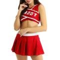 Womens Femme Schoolgirl Daddy Charming Cheerleader Uniform Halloween Cosplay Costume Crop Top with Mini Pleated Mini Sexy Skirt