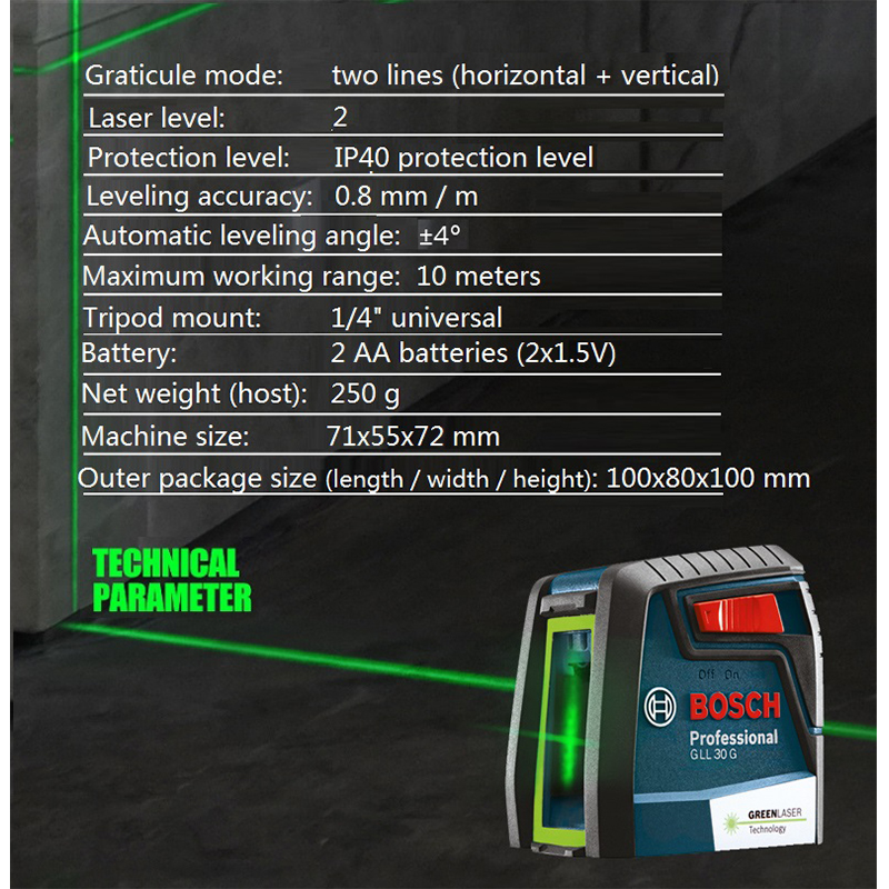 BOSCH Laser Level GLL30G Green Light Horizontal And Vertical High Precision Two-line Instrument Indoor And Outdoor Spirit Level