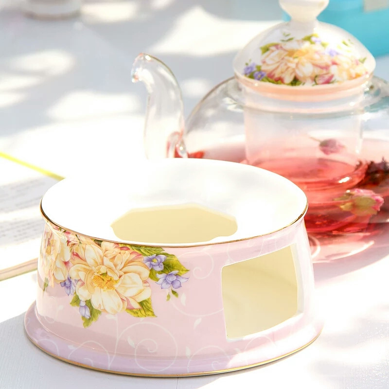 Glass Teapot Ceramic Tea Warmer Stove Suit Bone China Flower Tea Pot Heat-resisting Glass Teaset