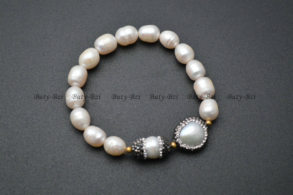 Paved Black Crystal Natural Fresh Water Pearl Big Potato Beads Stretch Charm Bracelets High Quality Fashion Woman Jewelry Gift