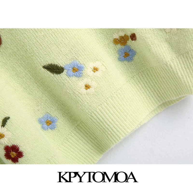 KPYTOMOA Women 2020 Fashion Floral Embroidery Cropped Knitted Sweater Vintage High Neck Long Sleeve Female Pullovers Chic Tops