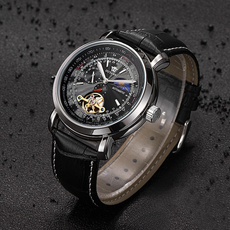 Gorben Black White Automatic Mechanical Watch Men Skeleton Watches PU Leather Bracelet Wristwatch Mechanical Clock