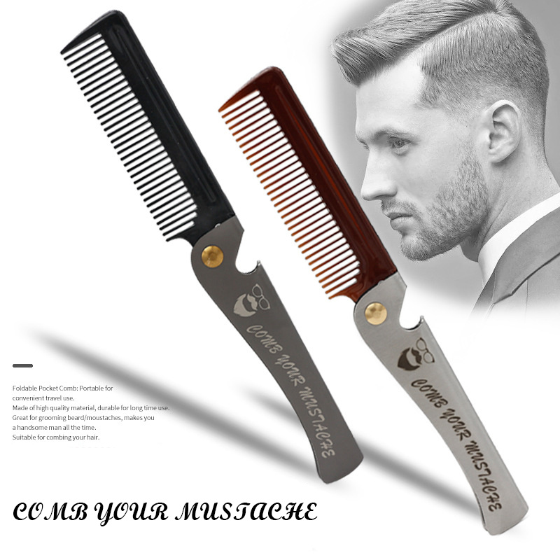 1 pcs Men Folding Pocket Comb Knife Shape PP Teeth Detangling Hair Beard Comb Metal Handle Foldable Combing Facial Mustache Comb