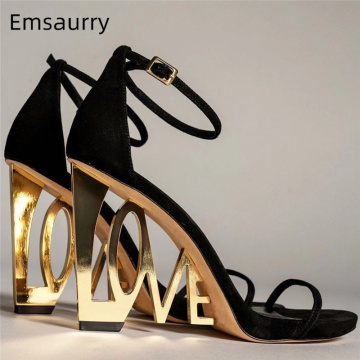 New Design Letter-Love Heel Gladiator Sandals Women Sexy One-strap Strange High Heels Fretwork Heel Summer Party Shoes