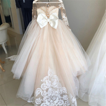 Puffy Tulle Lace Ball Gown Flower Girl Dresses Long Sleeve Girl Princess Dress Illusion Girl Wedding Party Dress Christmas Party