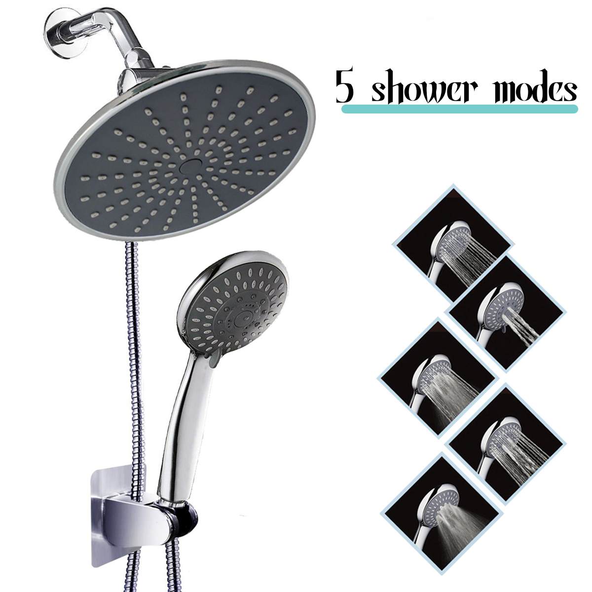 5 Modes Rainfall Shower Head High Pressure Shower Head 3-Way Water Diverter Stainless Steel Hose Set Handheld Showerhead Combo