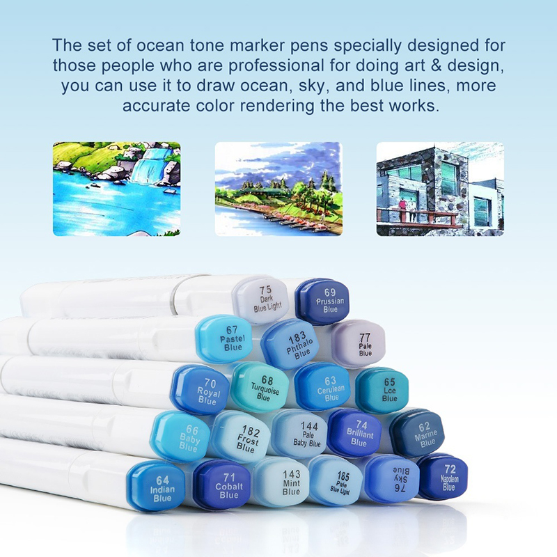 20 Colors Artist Marker Pens Blendable Alcohol Markers Blue Color Set for Ocean Sky Fashion and Interior Design
