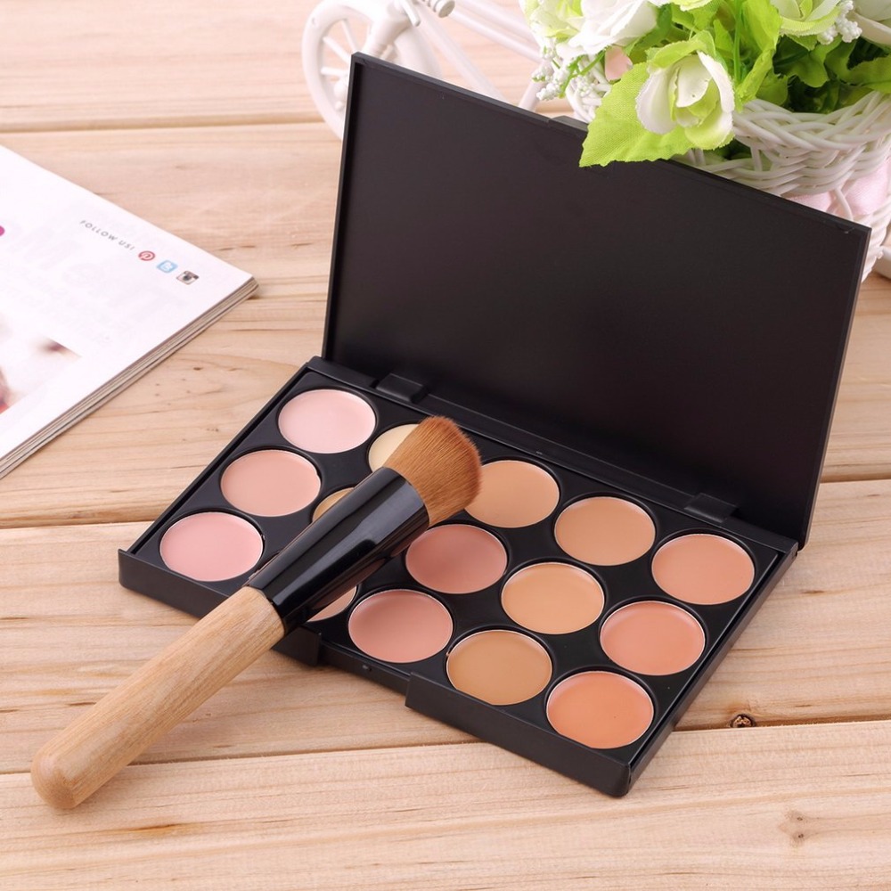 Fashion Full Makeup Set Kit 15 Colors Face Makeup Concealer Palette + Wood Handle Flat Angled Brush