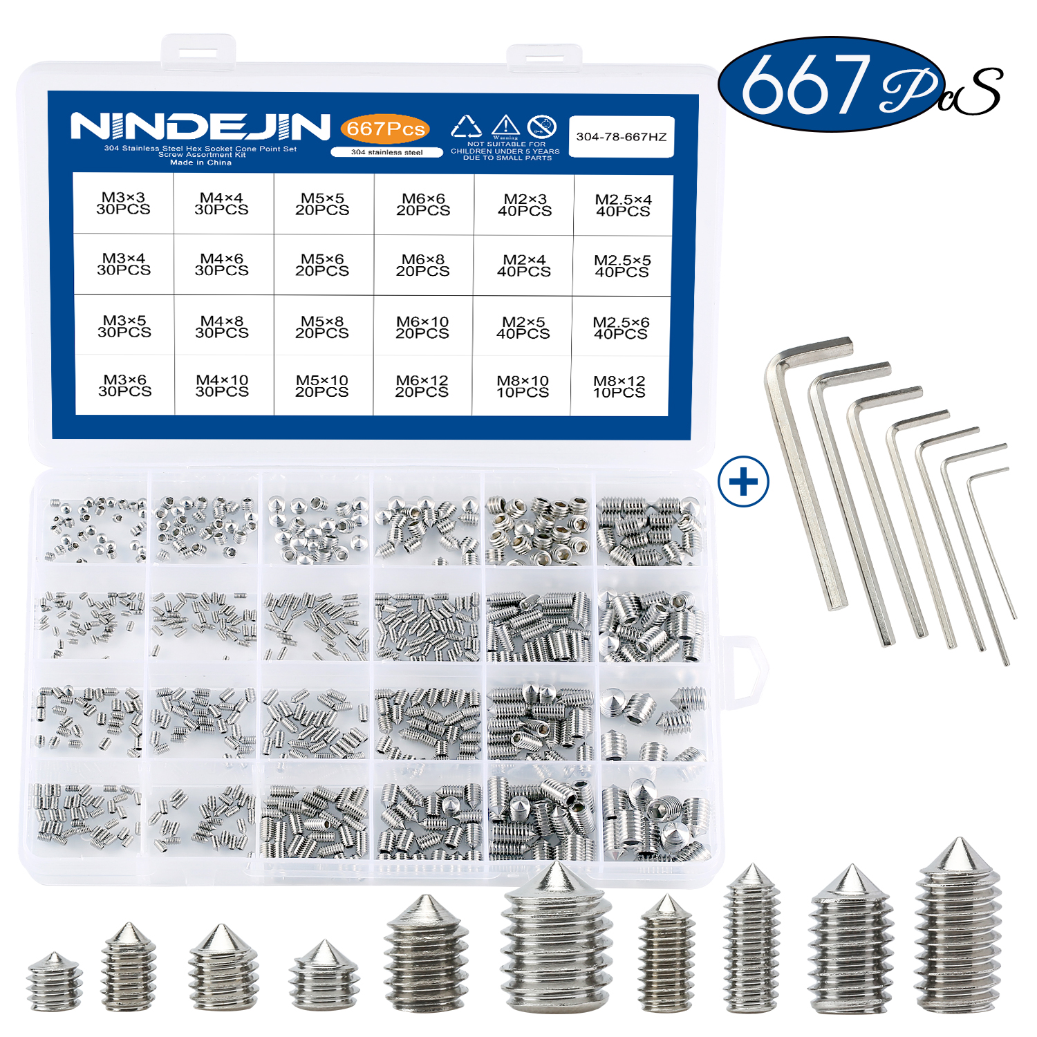 382/667pcs Hex hexagon socket cone point set screw assortment kit M2 M2.5 M3 M4 M5 M6 M8 stainless steel set screw with hex key