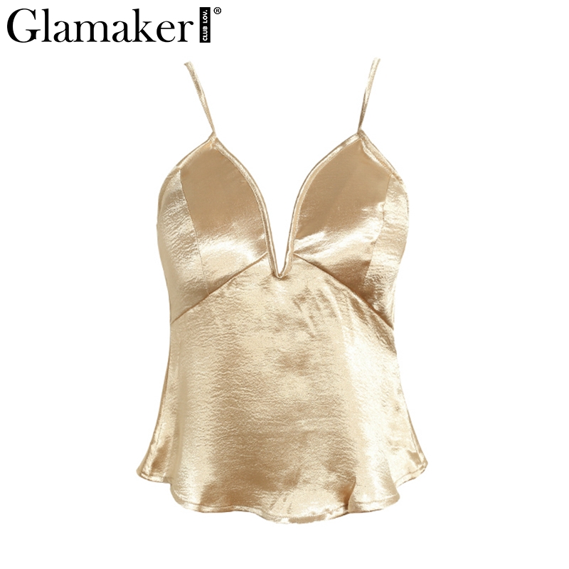 Glamaker Luxury satin sexy tank top Women clothes beach fitness summer top female v neck club party 2019 camisoles & tanks cami