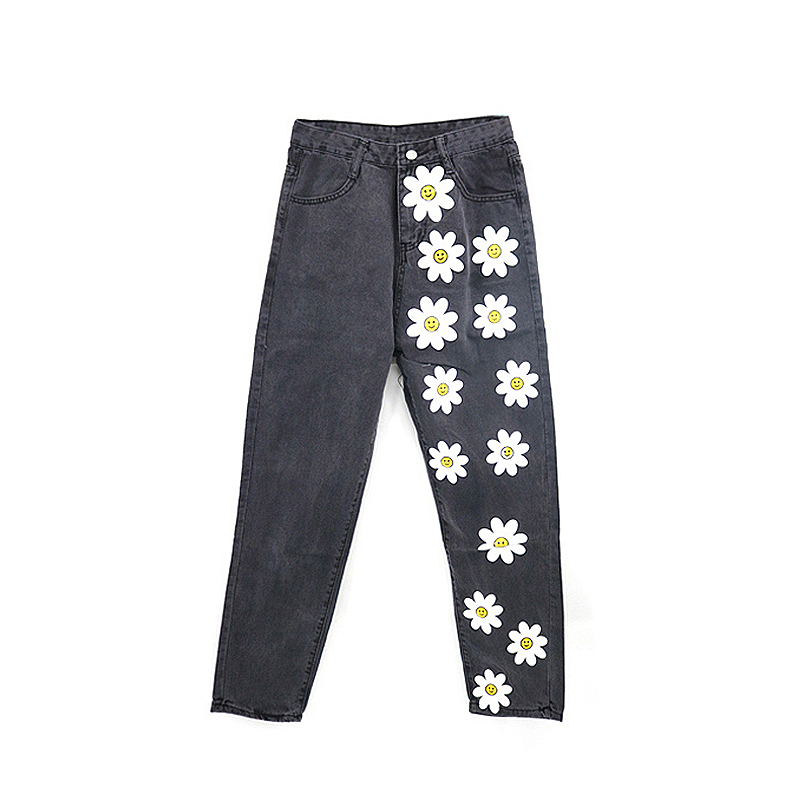 2020 hot new European and American flowers fresh and fresh women's jeans printed thin jeans casual pants