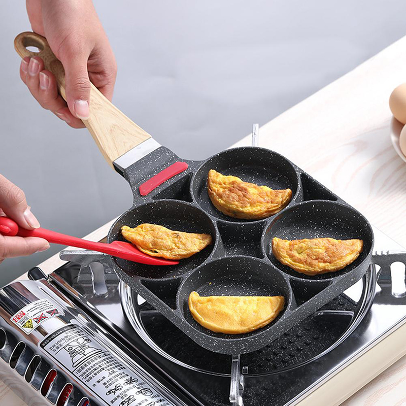 4 Hole Omelet Pan Saucepan For Burger Eggs Ham Pancake Maker Wooden Handle Frying Pot Non-stick Cooking Breakfast Tools
