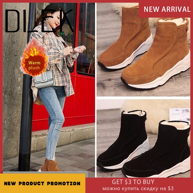DLEK Ankle Snow Boots Women Solid Height Increasing Shoes Flock Khaki Black Metal Button Non-slip Wedges Female Boots