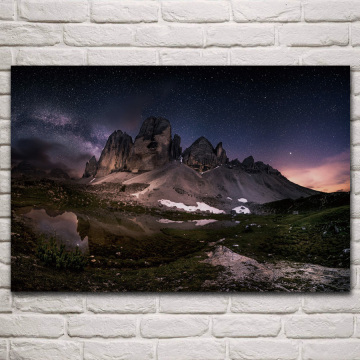 italy nature landscape mountains dolomites lake snow night stars living room home wall art decor canvas silk fabric poster KM894