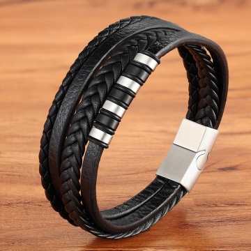Classic Multi-layer Luxury Style Stainless Steel Men's Leather Bracelet Hand-woven Customizable DIY Quality Drop Shipping