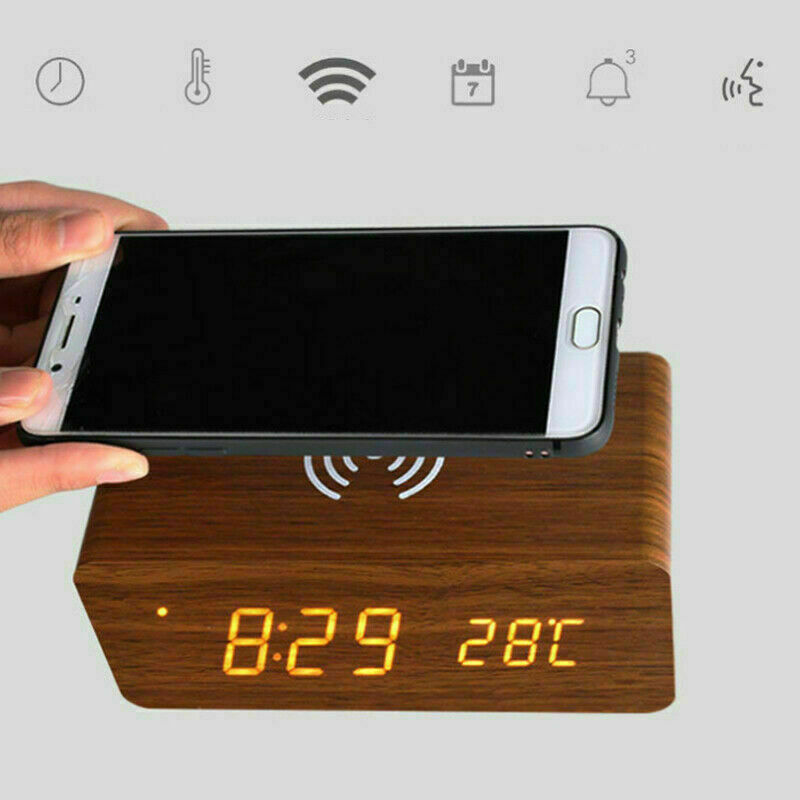 LED Wooden Alarm Clock With Wireless Charging Pad Compatible With For Iphone Samsung Wood Digital Clock Sound Control Function