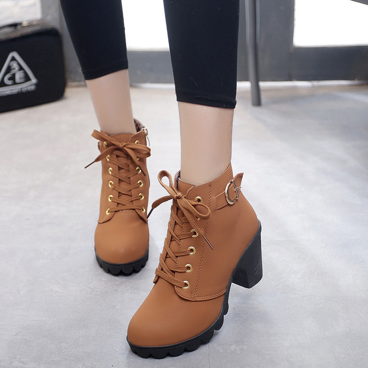 Ankle boots for women 2020 new elegant square heel shoes woman high heel solid vintage boots women lace-up ladies shoes sdf45