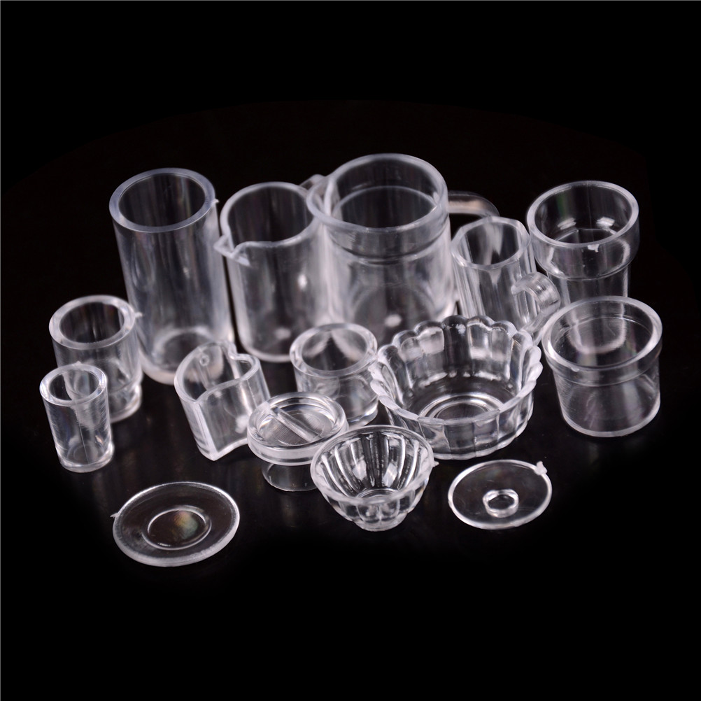 15Pcs/Set 1:12 Scale Doll Food Kitchen Living Room Accessories Miniature Transparent Plate Cup Dish Bowl Tableware Set