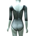 Sexy Women Long Sleeve Fishnet Rhinestone Bodysuit Leotard Tops Swimsuit Hollow Out Off Shoulder See Through Playsuit Jumpsuit