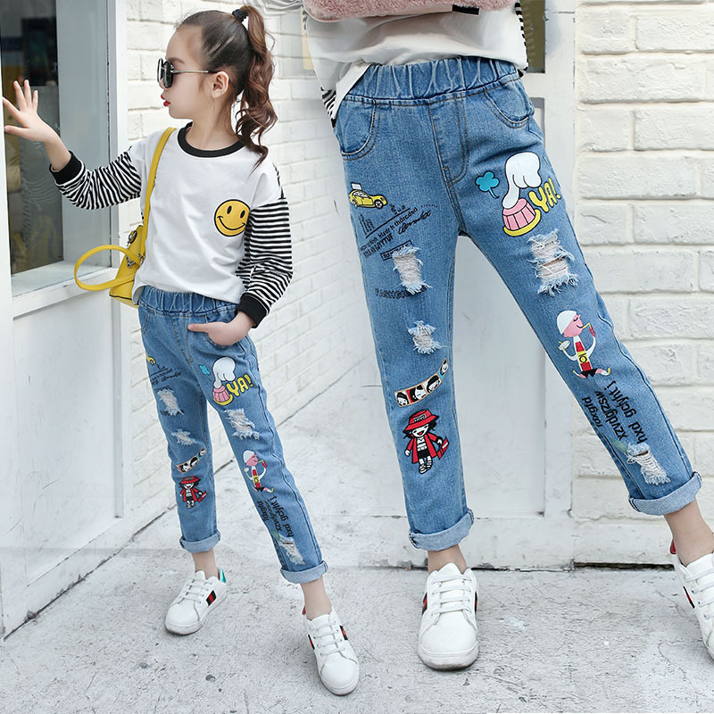 4-14 Years Girls Jeans 2019 Spring Autumn Children Broken Hole Pants Kids Cartoon Denim Trousers