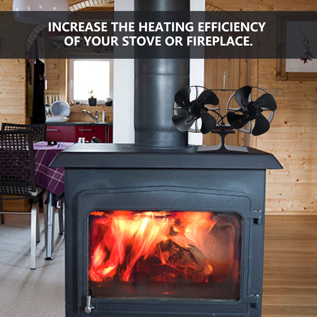 Double Heat Powered Stove Fan Log Wood Burner Fan Quiet Black Home Fireplace Fan Efficient Heat Distribution for winter