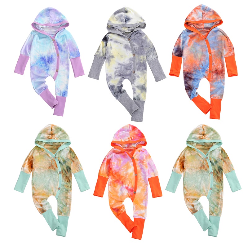 Infant Newborn Baby Romper, Tie-Dye Print Long Sleeve Hooded Starry Jumpsuit for Boys and Girls Spring Autumn