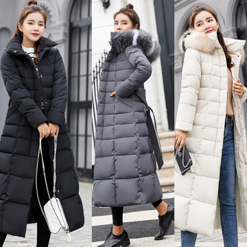 Fashion Winter Coat Women Jackets Thick Down Parkas Big Fur Belt Hooded Cotton Long Coats Warm Windbreaker Female Slim Outwear