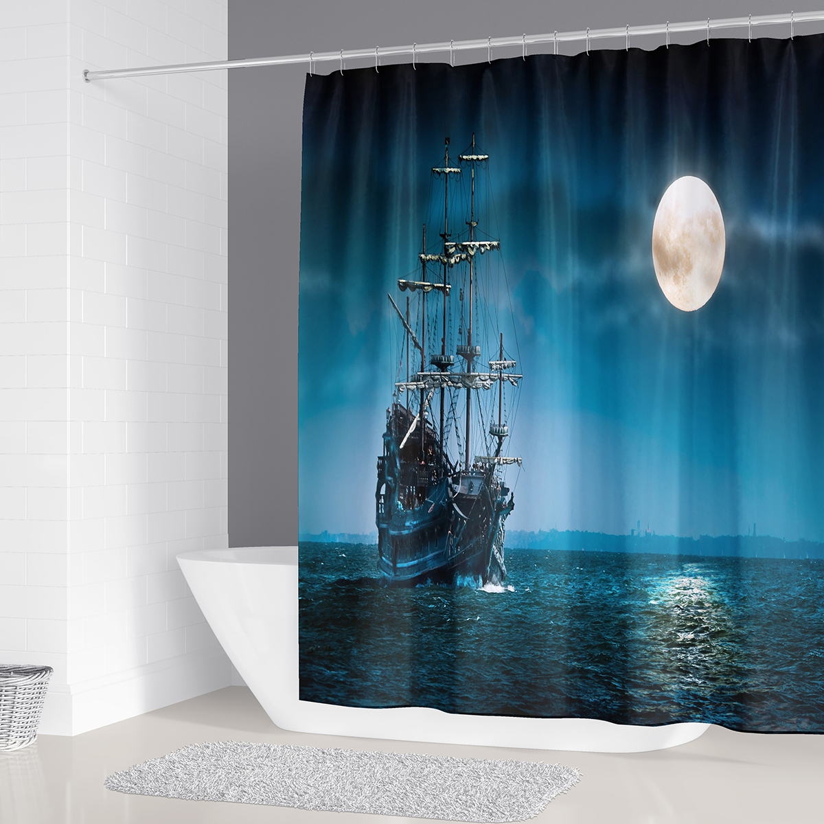 180x180cm Pirate Ship In The Moonlight Fabric Shower Curtain Bathroom Curtains Non-Slip Rugs Toilet Lid Cover Mat Carpet Set