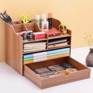 4 Tier Wooden Desktop Office Document Sorter Self Tray Holder A4 File Rack with Pen Holder Desk Organizer for Office School Home