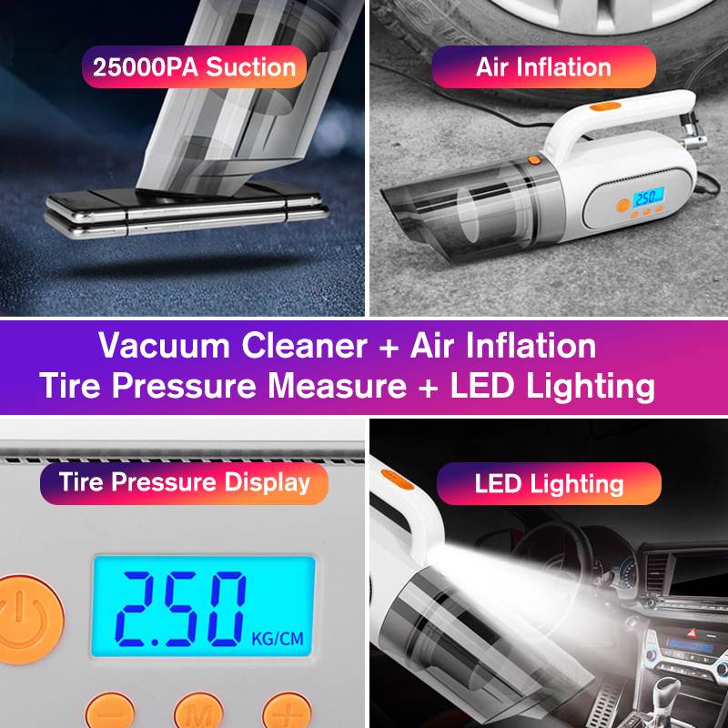 4 in 1 Car Handheld Vacuum Cleaner 250W 25000PA Wet Dry Vacuum Cleaner For Car Cleaning USB Rechargeable Portable Auto Cleaner