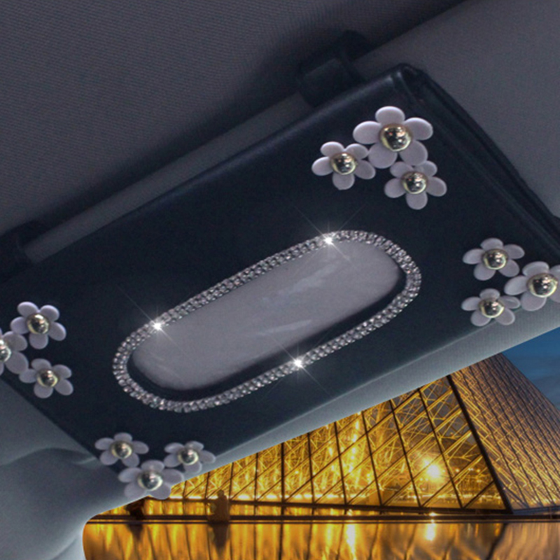 1 Pcs Car Crystal Paper Box with Chrysanthemum Crystal Tissue Box Cae Interior Decoration Accessories for Sun Visor Type