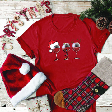 Christmas T Shirt Funny Christmas Wine Glass Santa Claws Printing Loose T Shirt Holiday Short Sleeve S-5xl Femme T-shirt Tops