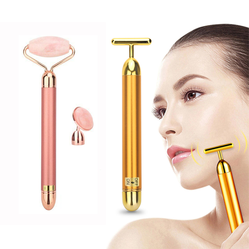 Slimming Face Jade Roller 24k Gold Color Vibration Facial Roller Massager Stick Lifting Skin Tightening Wrinkle Bar Skin Care