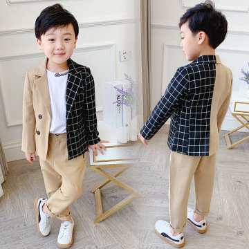 Boys Girls Formal Plaid Suit Sets Children's Stitching Plaid Blazer +Pants 2pcs Clothing Sets Kids Party Performance Costume