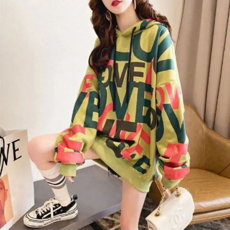 QRWR Korean Women Hoodie Sweatshirts 2020 Winter Casual Fleece Oversized Hoodies Loose Letter Printing Thicken Hoodies for Girls