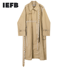 IEFB /men and women's wear 2021 spring streetwear new trench Personality Rope Design Asymmetry patchwork long coat loose 9Y989