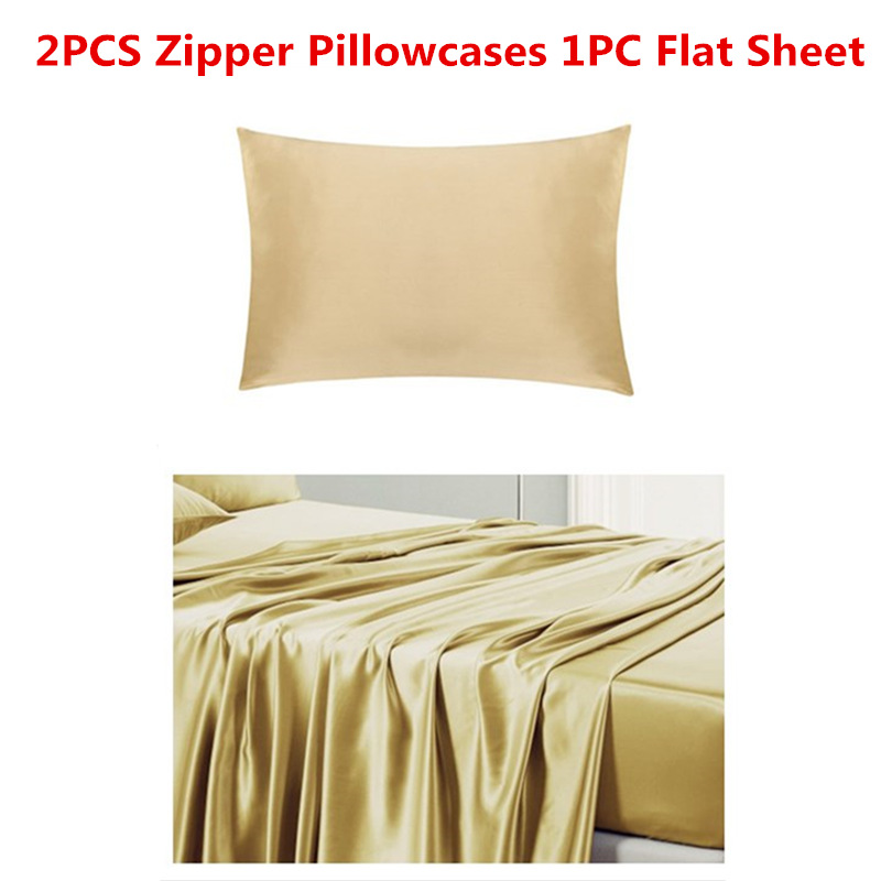 100% Mulberry Silk bedding Set 3PCS 19mm Seamless Silk Flat Sheet & Zipper Pillowcase Plain Dyed Silk Sheet Pillowcase Sets