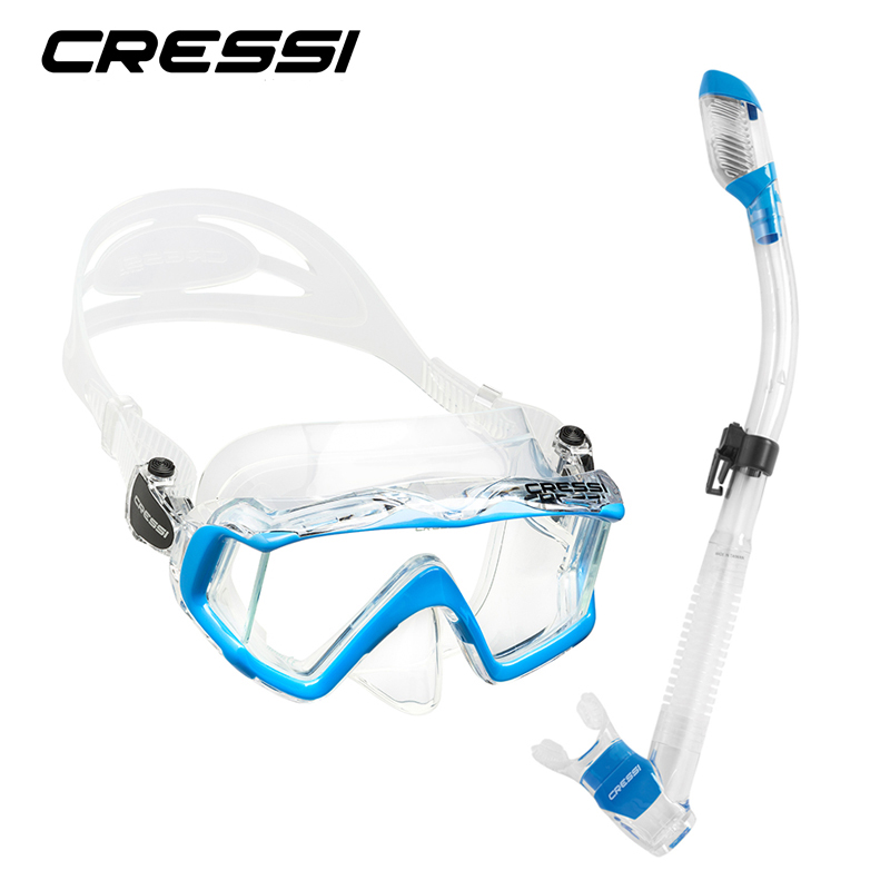 Cressi PANO3 + DRY Snorkeling Set Silicone Skirt Three-Lens Panoramic Scuba Diving Mask Dry Snorkel for Adults