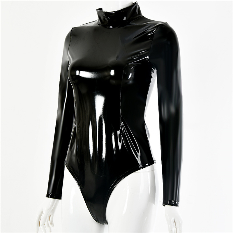 New Fashion Sexy PU Leather Bodysuit Black Wet Look Long Sleeve Shiny Vinyl Bodysuit Ladies Catsuit Sexy Costume Night Club Wear