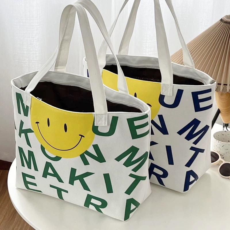 Smiley Letters Print with Zipper Tote Bag