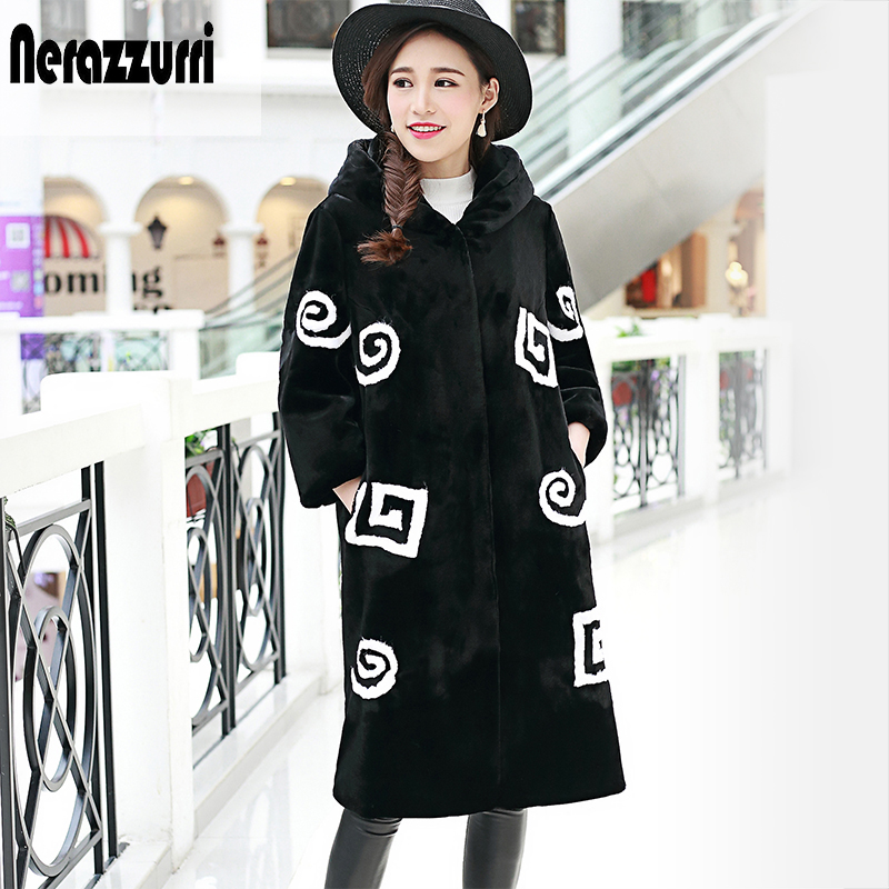 Nerazzurri Black and white color block womens faux fur coat with hood 2019 winter Long warm furry fake rex rabbit fur overcoat