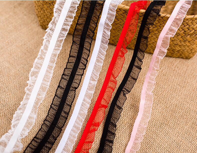 5 Yards Pretty White Black Red Organza Ruffle Elastic Lace Trim Stretch Lace Band Clothing and Garment 1.5cm Free Shipping