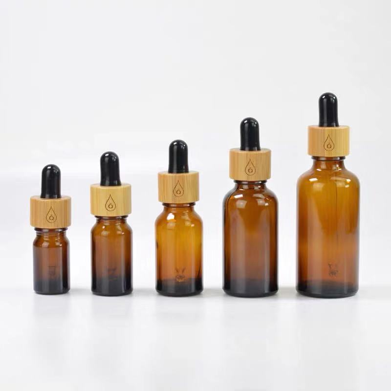 CBD Recycled eco friendly Round Natural Bamboo Wooden Lid Frosted Brown Glass Dropper Bottle with Rubber Cap 15ml 30ml 50ml100ml