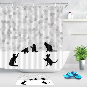 Modern Black Cat Geometric Patterns Bathroom Shower Curtains Eco-friendly Waterproof Fabric Washable Shower Curtain Non-slip Mat