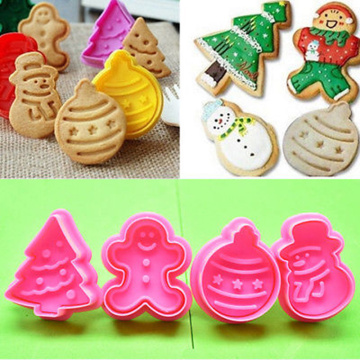 4Pcs / Set Food Grade Plastic Christmas cookie cutter, Kitchen bake Tools, Plunger Stamp Die Fondant Cake Decorating Tools